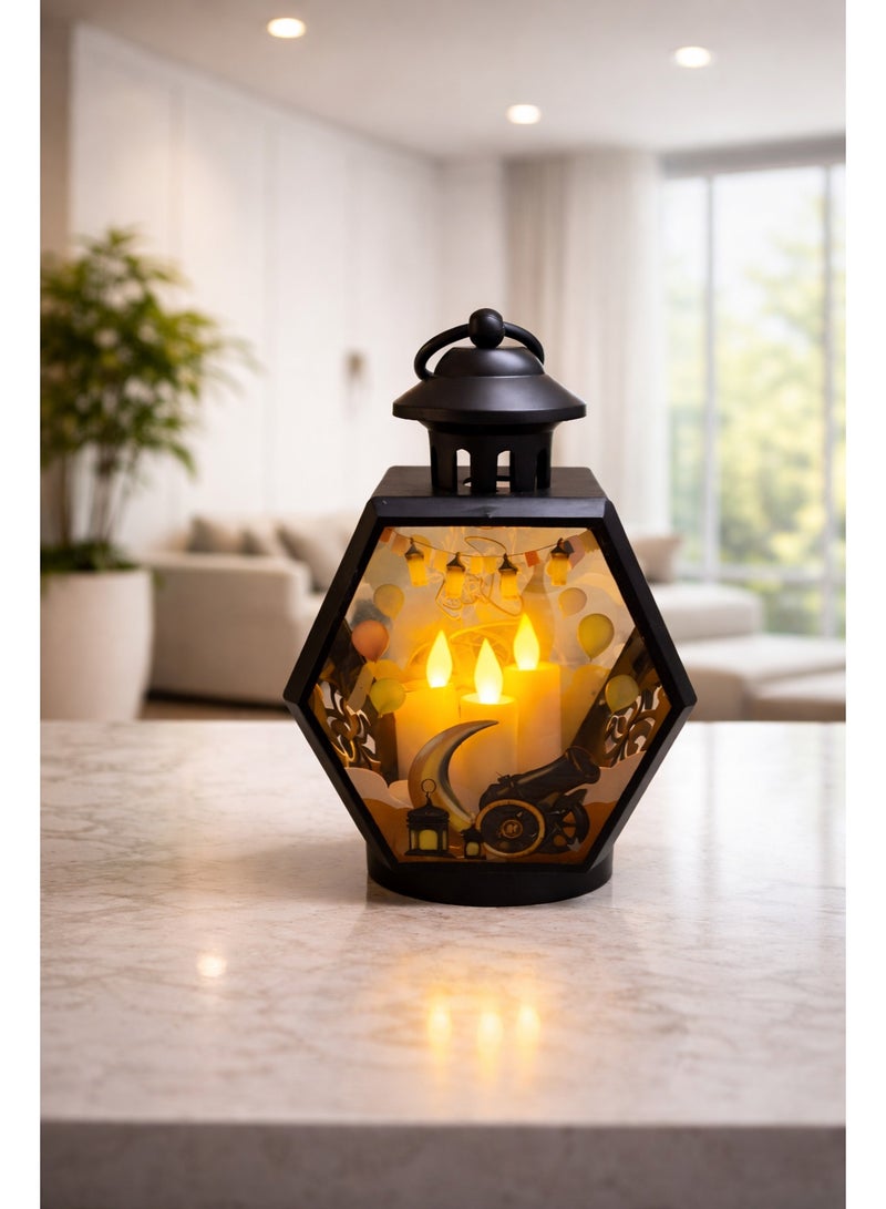 Black Acrylic Ramadan Lantern 23 Cm – 3 Led Candles – Shelf & Hanging Use – Model K06-169 - Image 3